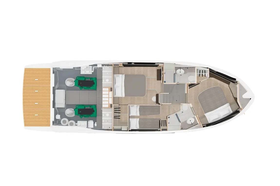Layout of a modern yacht's interior, showcasing cabins, bathrooms, and a spacious living area.
